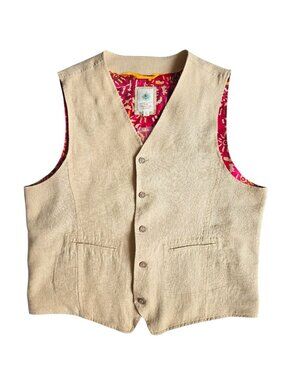 The Territory Ahead Linen Vest Men's L Beige Tropical Batik Floral Print Lining